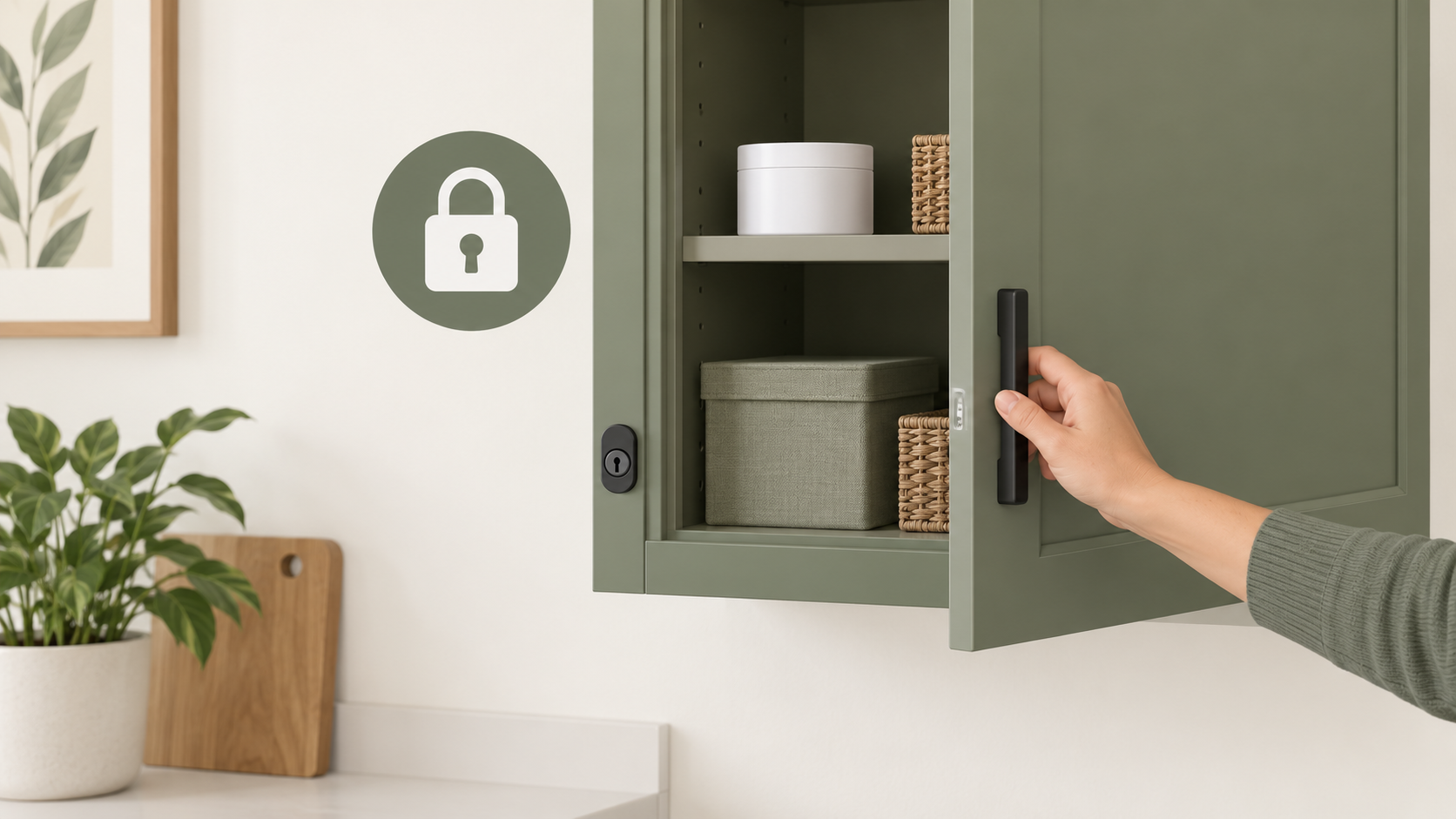 Conceptual illustration of a plain closed container stored in a lockable cupboard, demonstrating the principle of secure storage away from children and pets